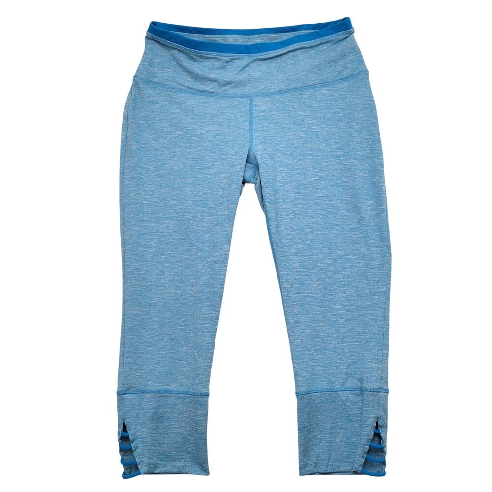 prAna Tori Capri Leggings L Blue Strappy Ladder Hem Yoga Athletic Athleisure